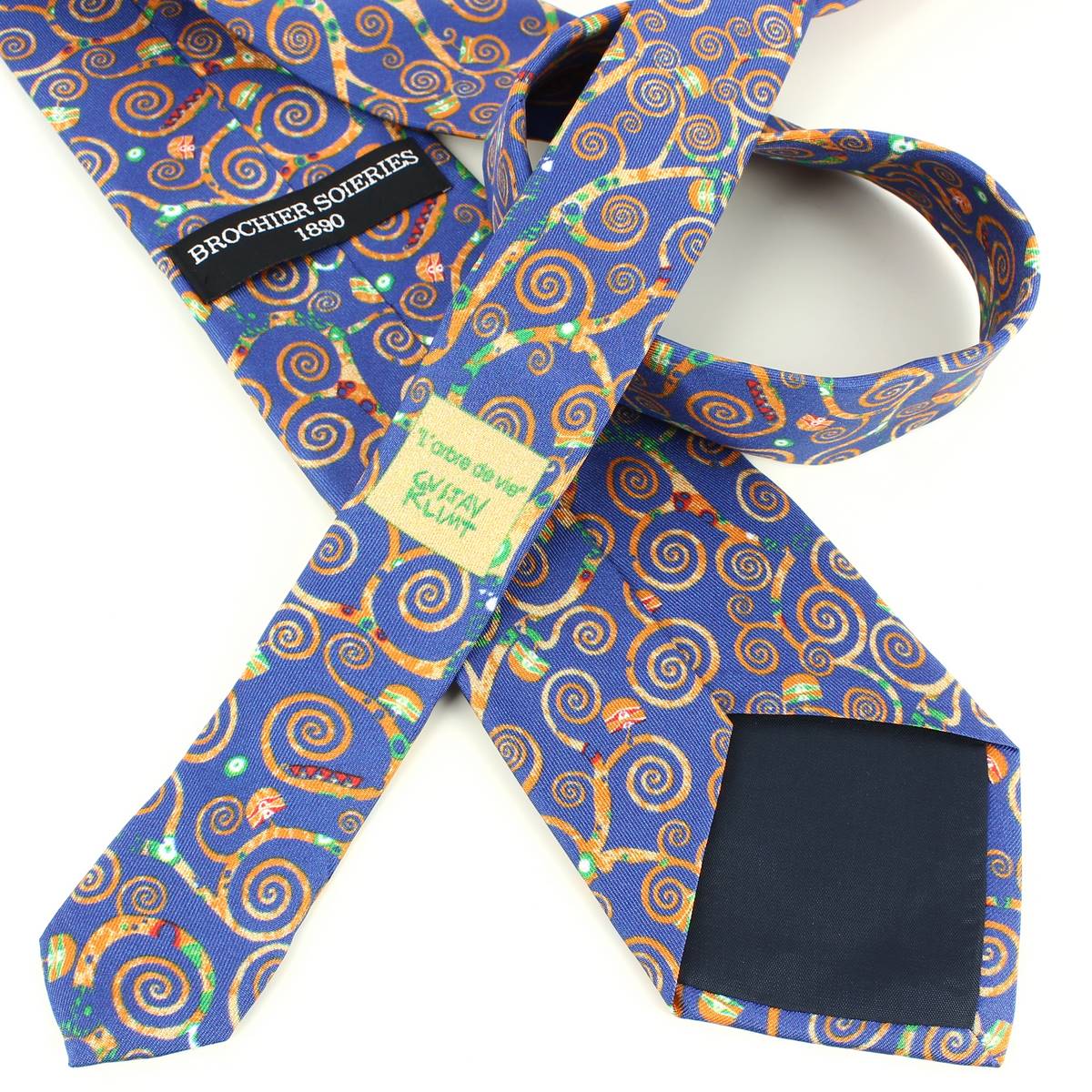 Cravate Lyonnaise Brochier Klimt Arbre de Vie Bleu Soie Fantaisie