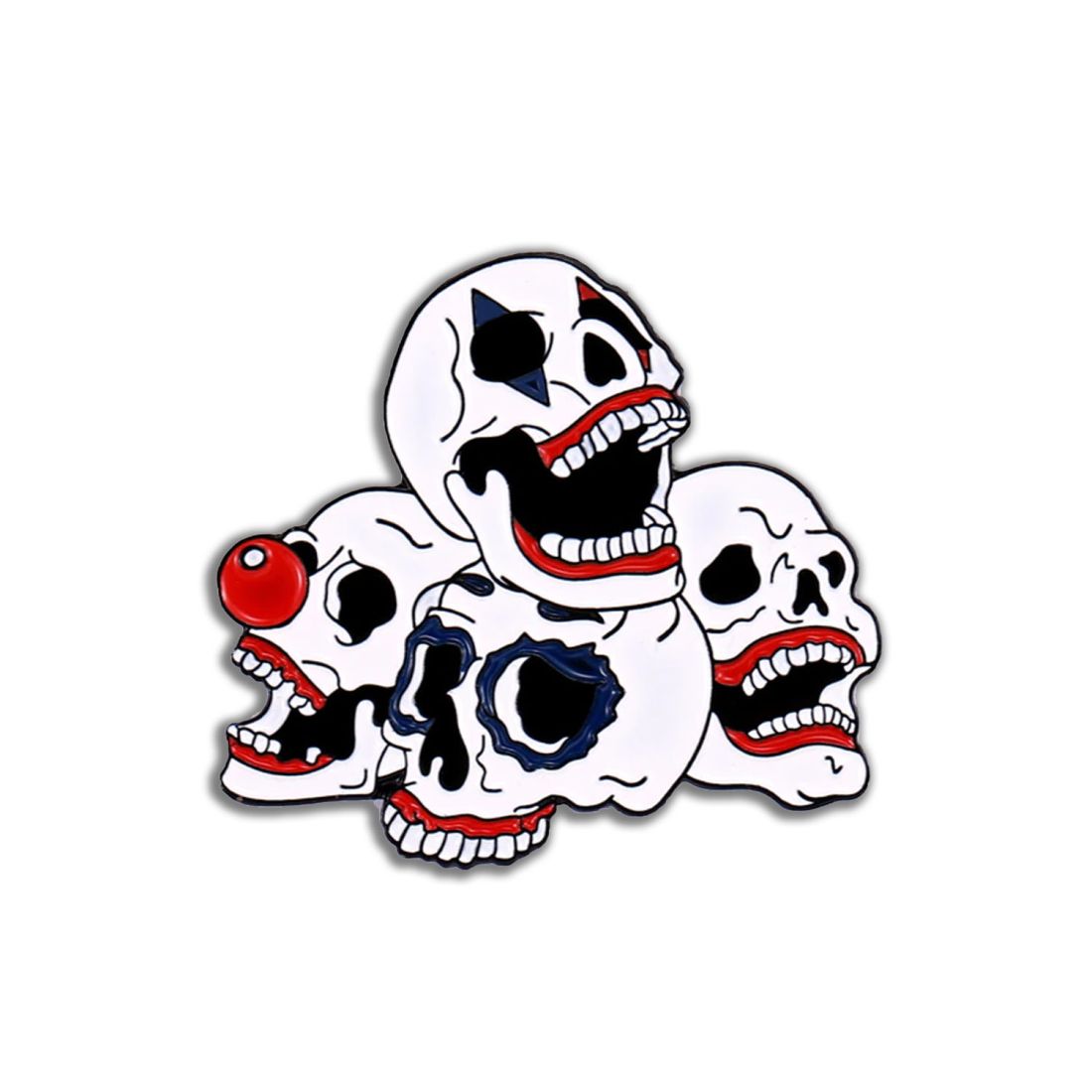 Pin's 4 crânes de clowns - 4 têtes de mort dont 1 nez rouge