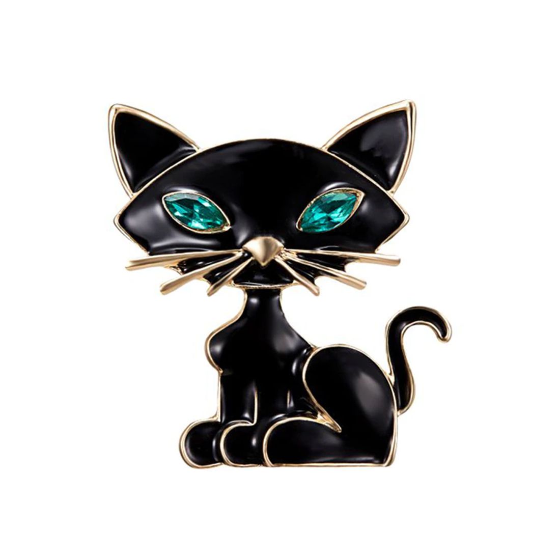 Broche chat noir aux yeux bleus - Strass et émaillée