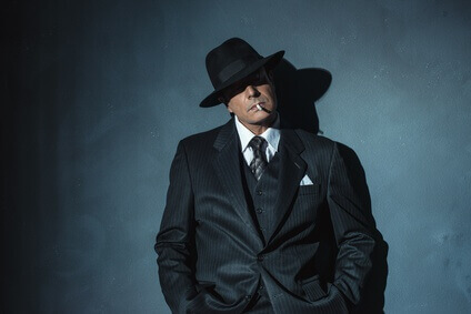 Retro 1940 film noir gangster wearing suit and hat. Smoking ciga